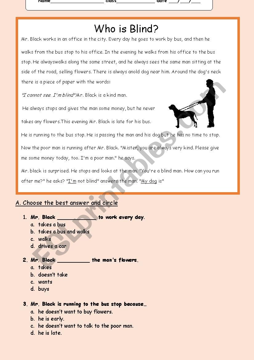 Who is blind ? worksheet