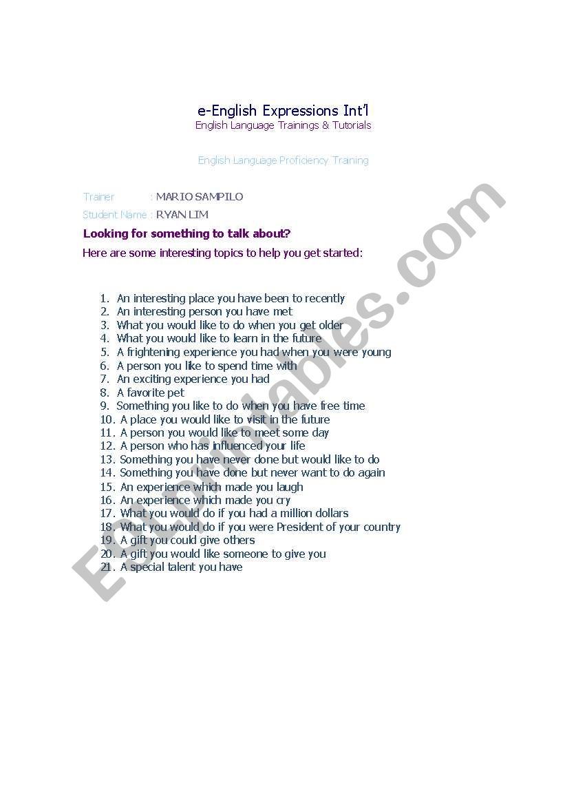 Conversation topics worksheet