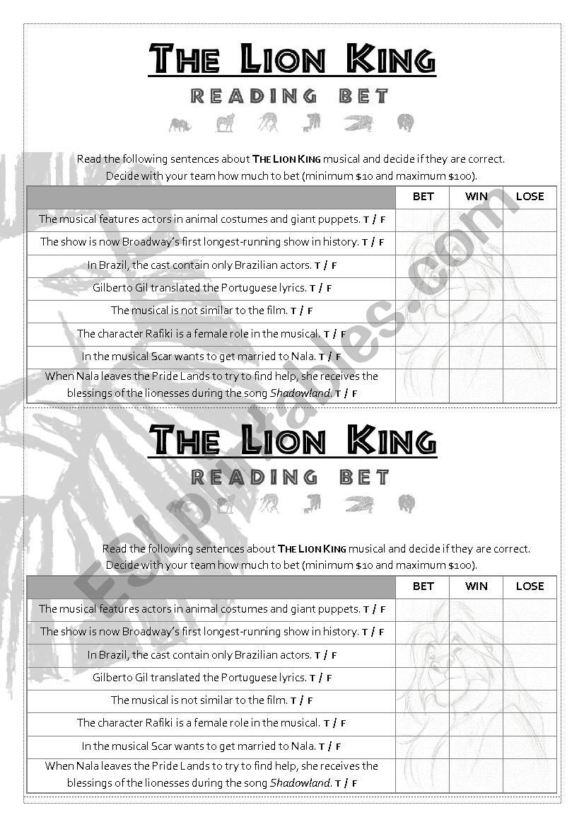 The Lion King Reading Bet (I) worksheet