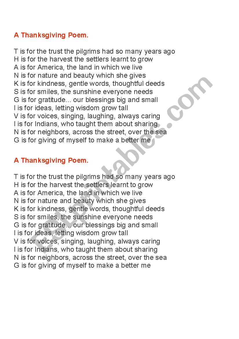 Thanksgiving Poem worksheet