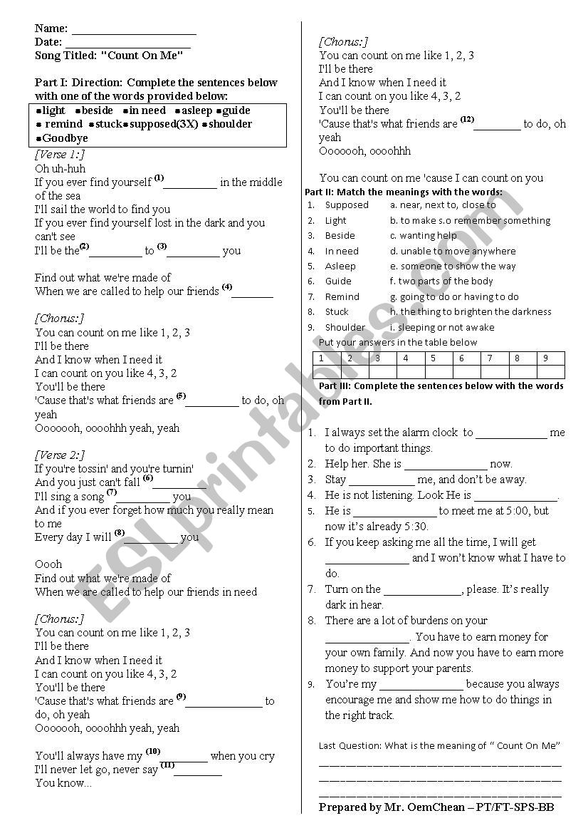 Count on me, by Bruno Mars worksheet