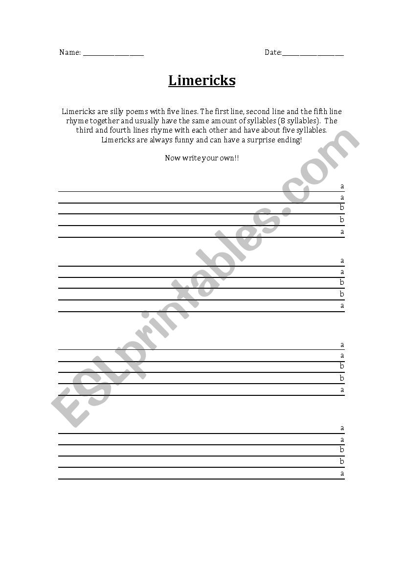 limericks worksheet