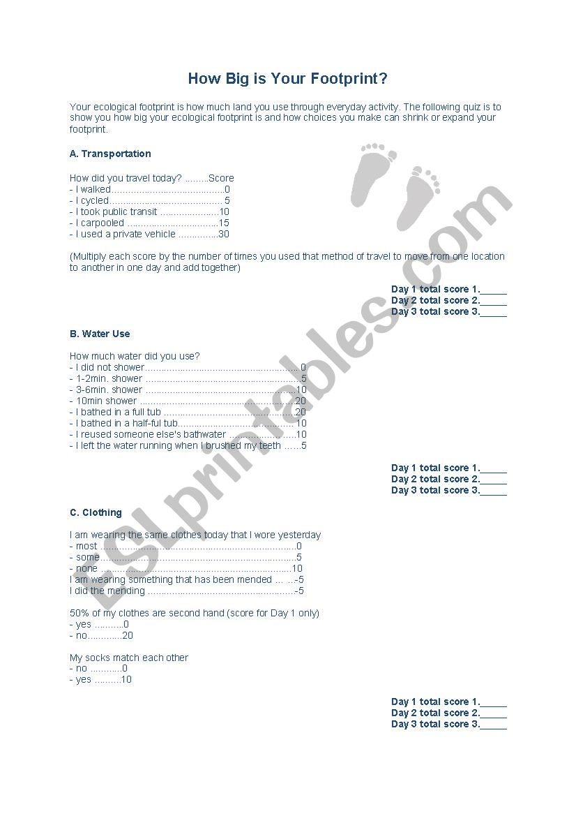 How big is your footprint worksheet