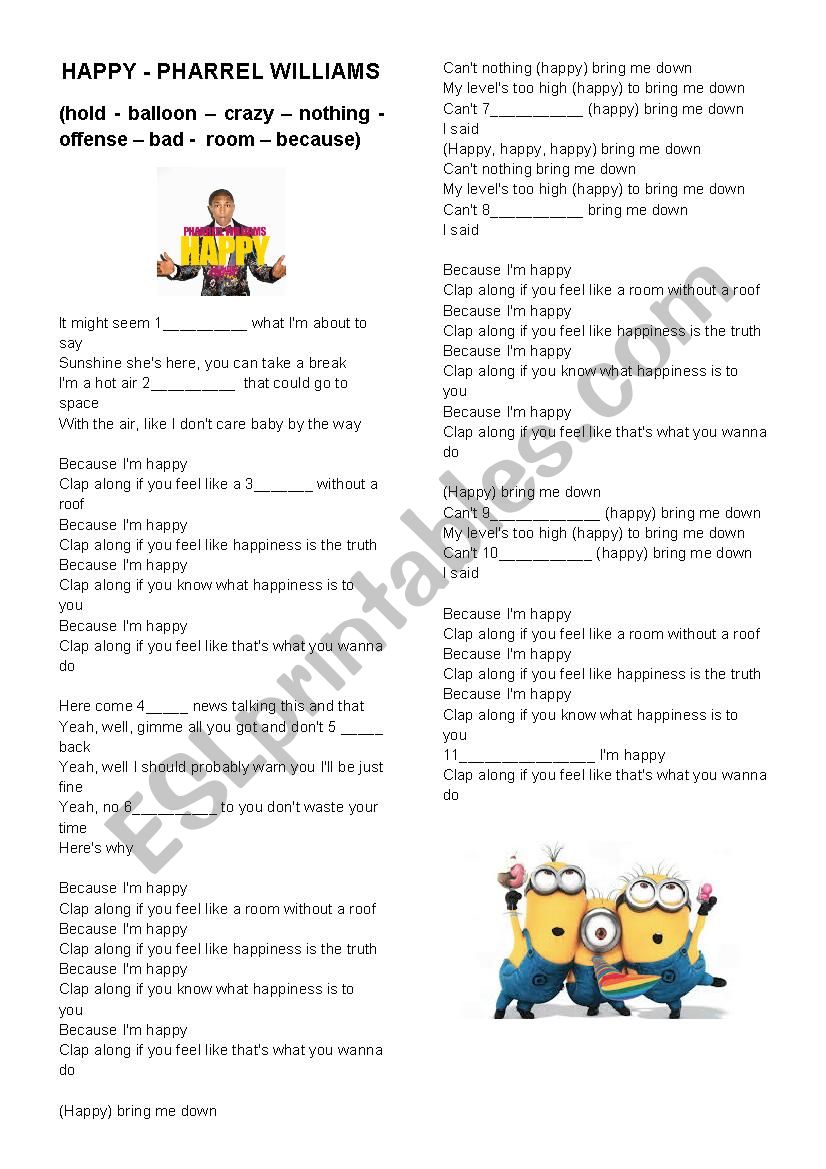 Happy - Pharrel Willians worksheet