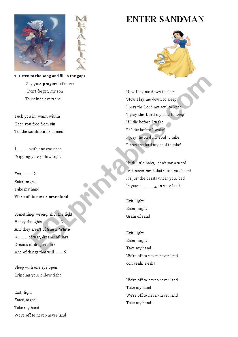 ENTER SANDMAN-METALLICA worksheet