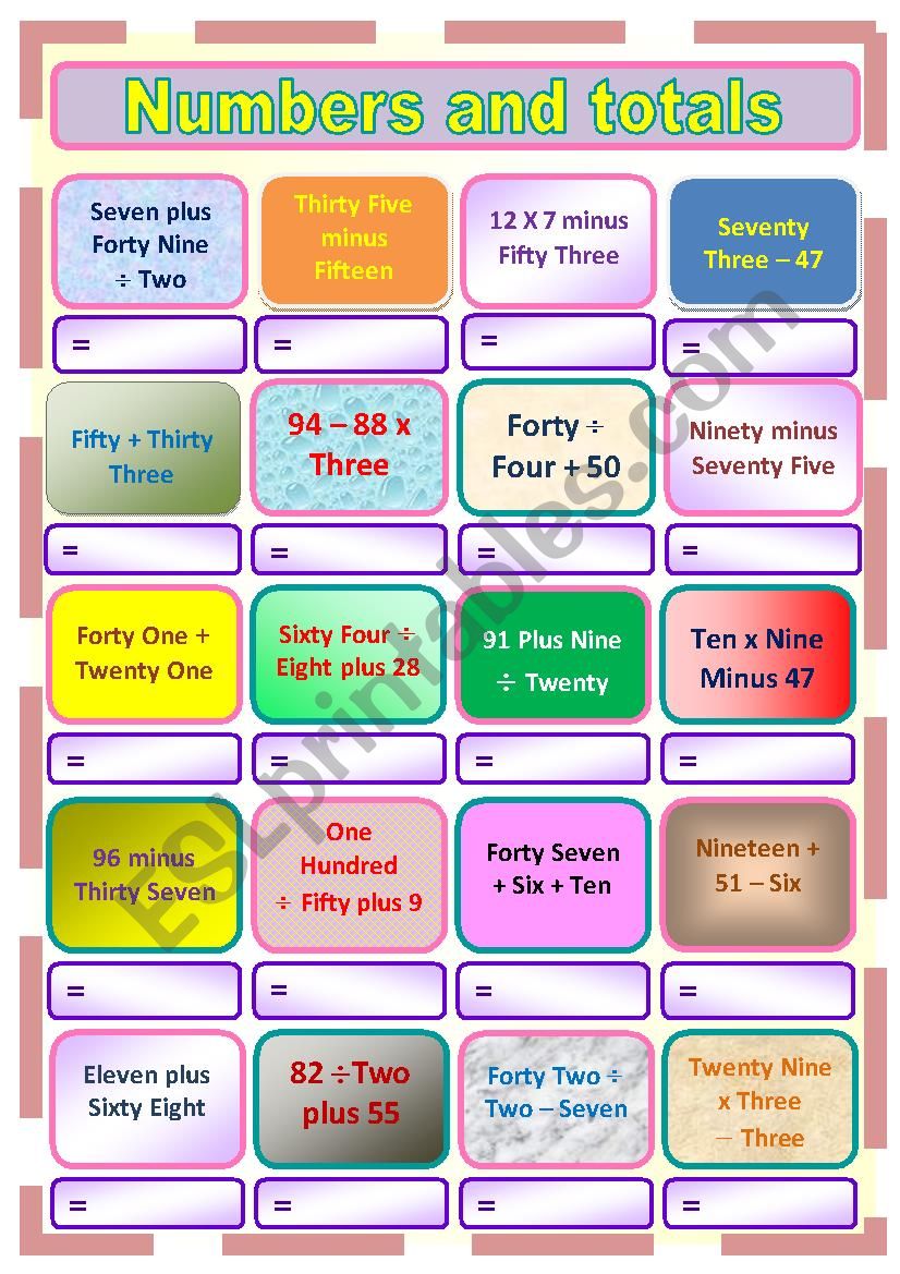 Numbers and Totals 2 worksheet