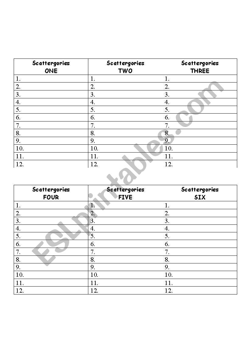 Scattergories Cards worksheet