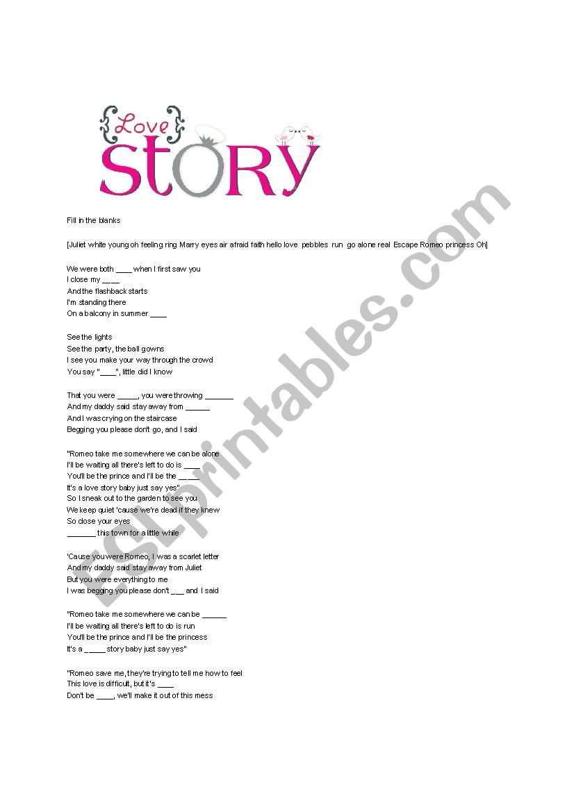 Love Story Fill In the Blank worksheet