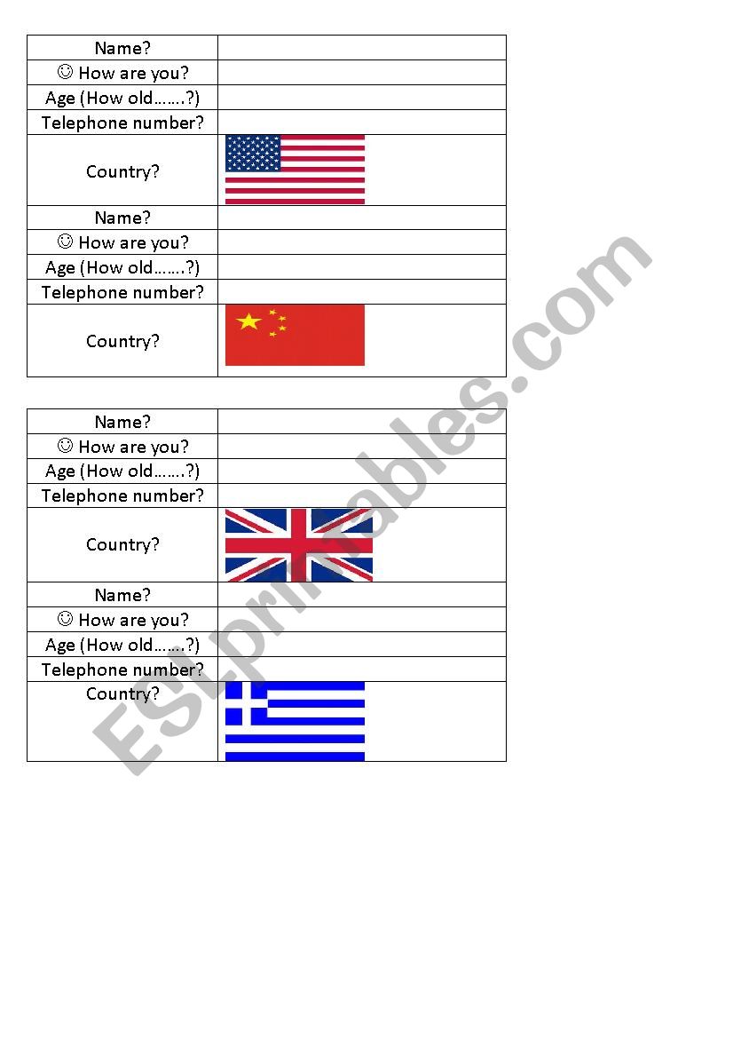 Personal Information Cards for communication Practice