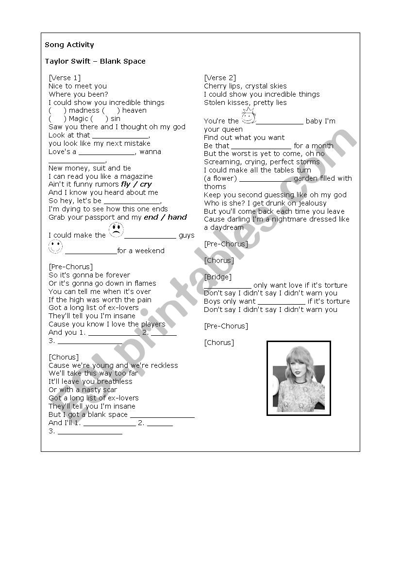 Song Blank Space worksheet