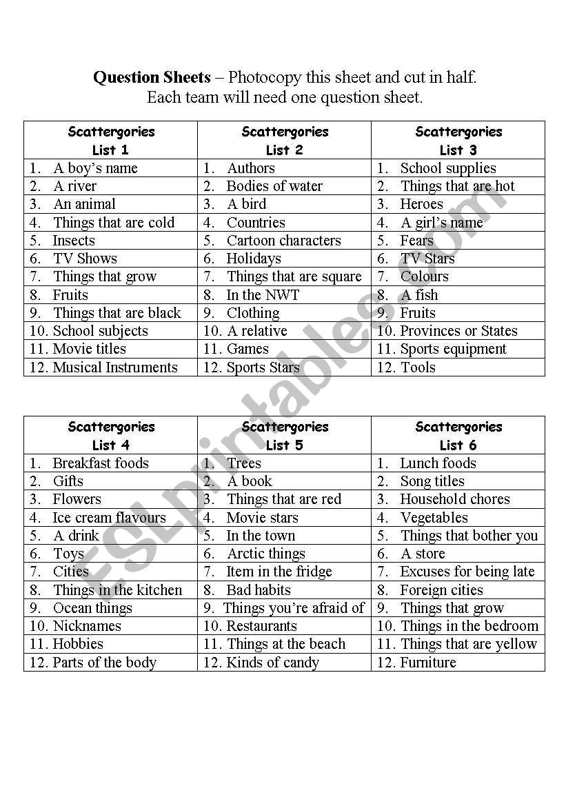 teaching scattergories lists