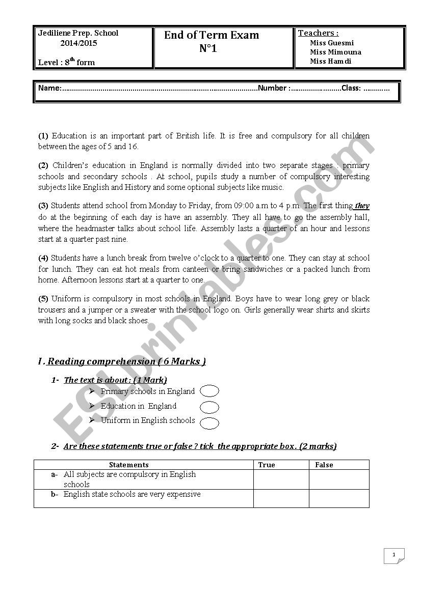 End term exam 1 8th form worksheet