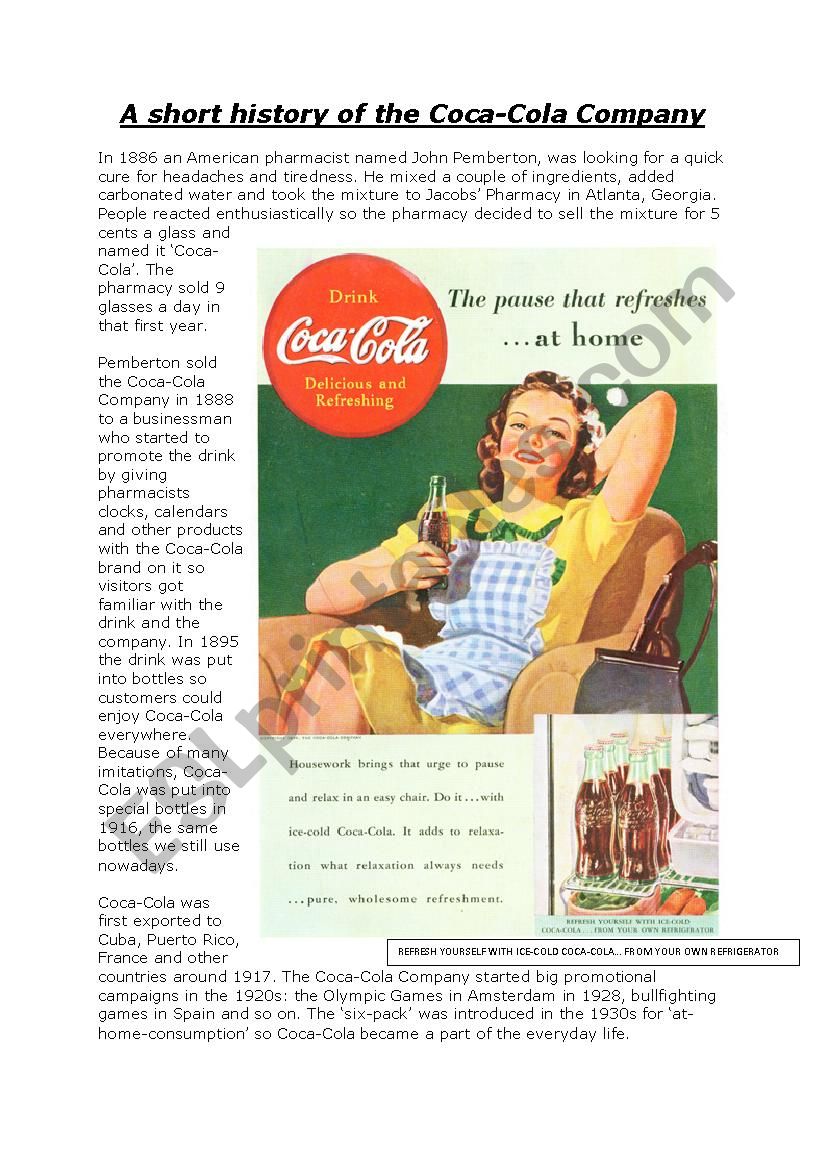 Coca-Cola History - Reading comprehension + grammar test