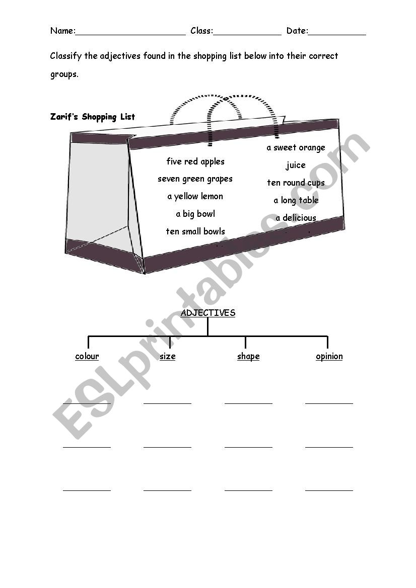 Shopping List worksheet