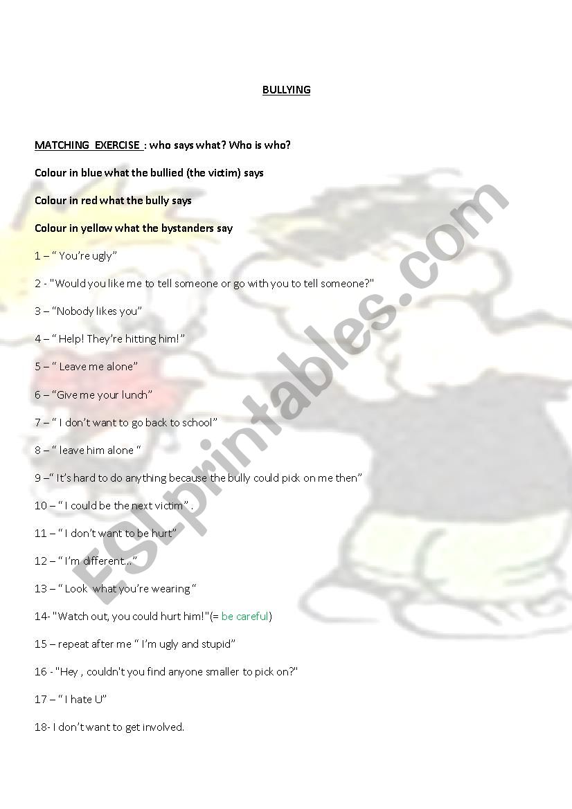 Bullying - Matching exercise worksheet