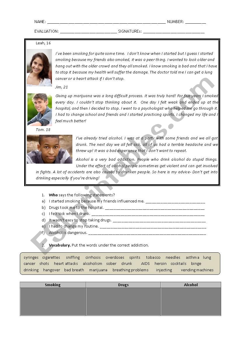 Addictions worksheet