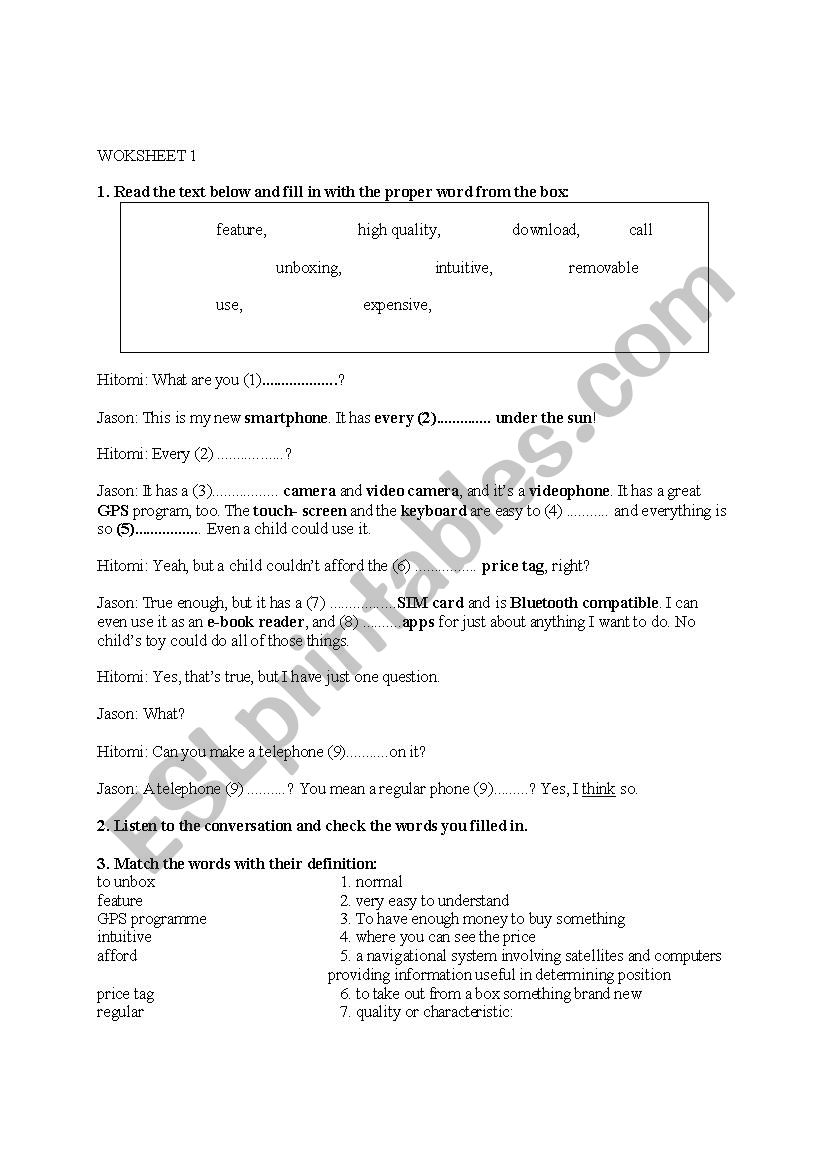 Smatphone conversation worksheet