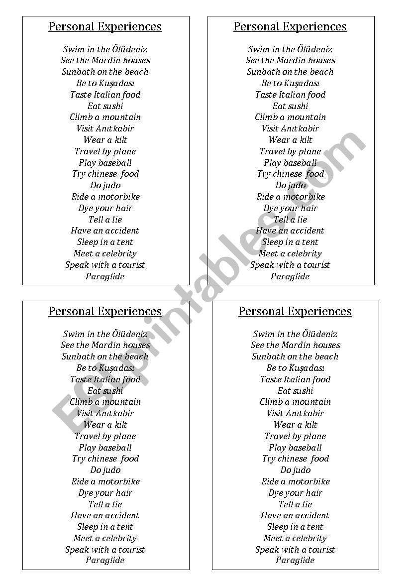 personal experiences worksheet