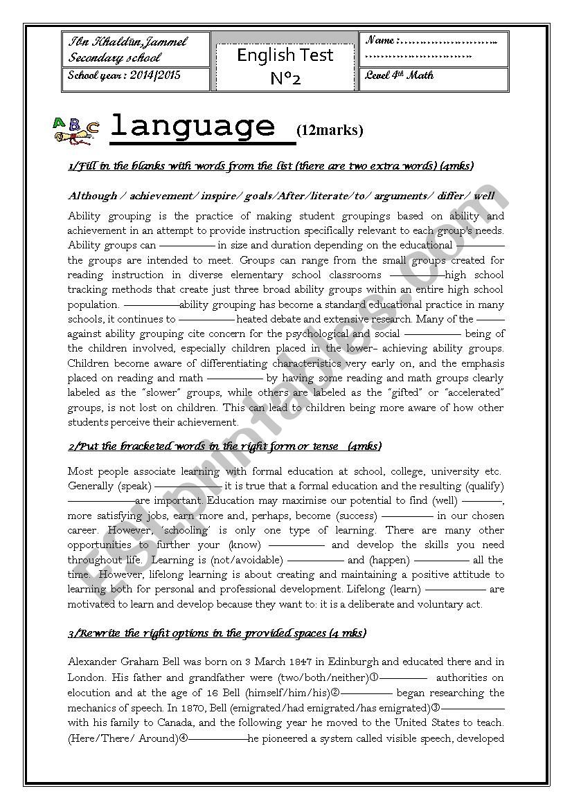 Ordinary english test n2 worksheet
