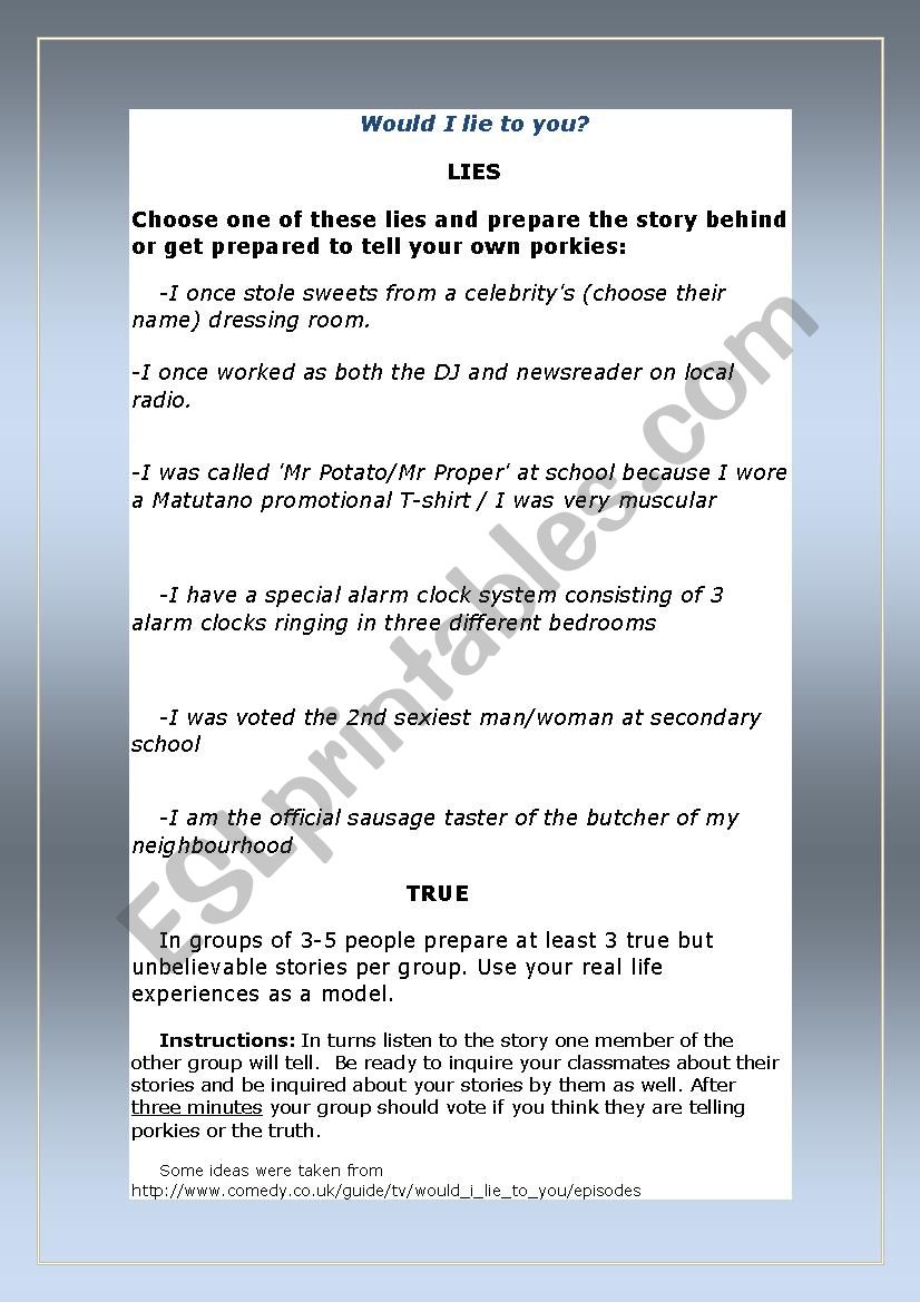 Would I lie to you? worksheet