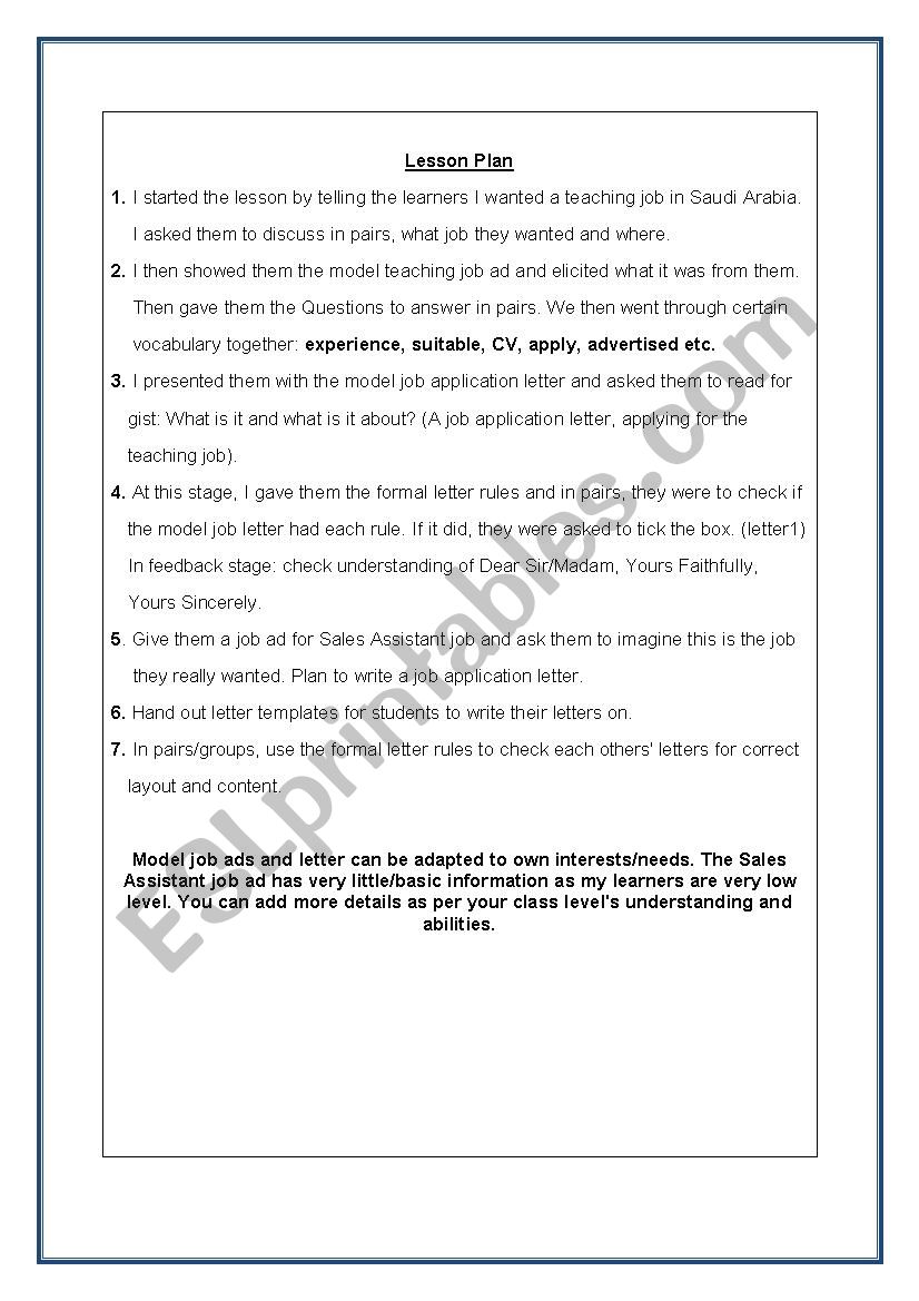 Writing A Formal Job Application Letter Complete Lesson Layout And Materials Model Job Ad Letter Formal Letter Rules And Letter Writing Template Esl Worksheet By Umayymah