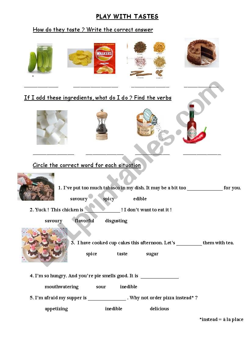 tastes worksheet