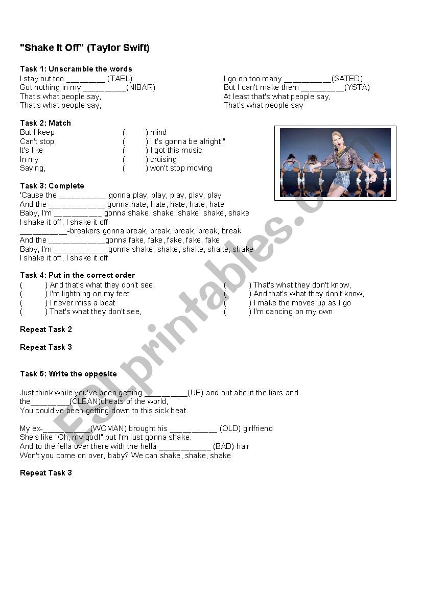 Shake it off worksheet