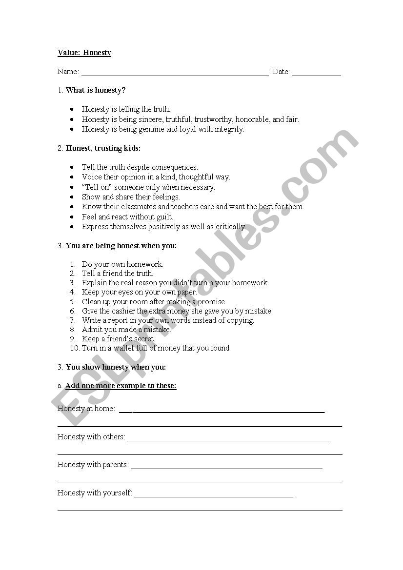 Teaching Values: Honesty worksheet