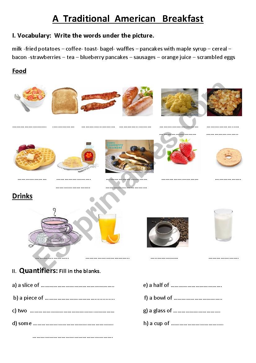 American Breakfast vocabulary worksheet