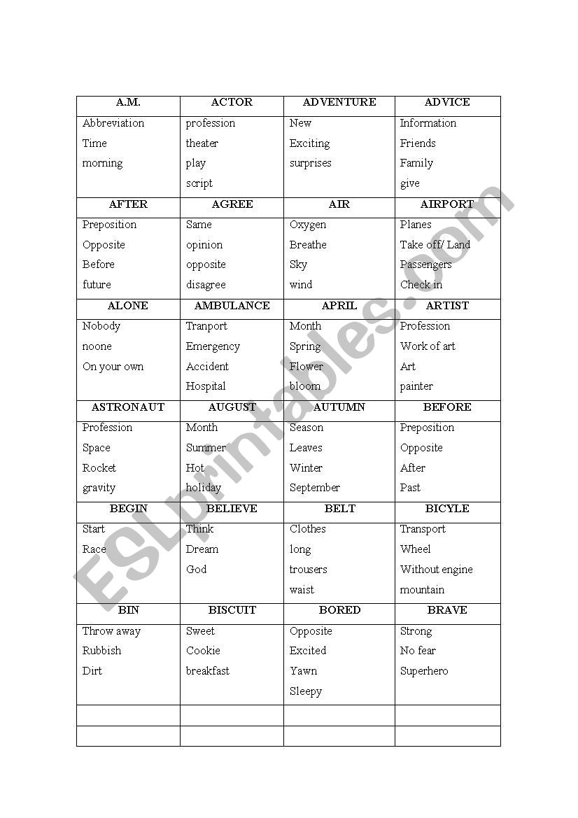 Cambridge Flyers Taboo worksheet