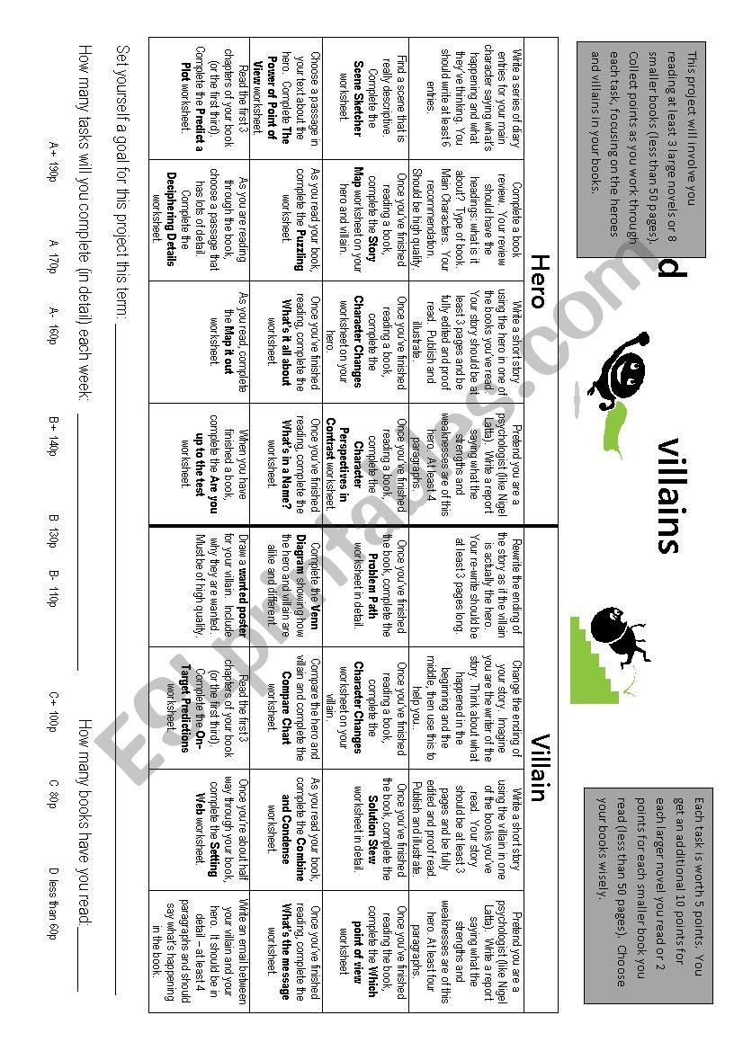 Heroes and Villains Contract worksheet