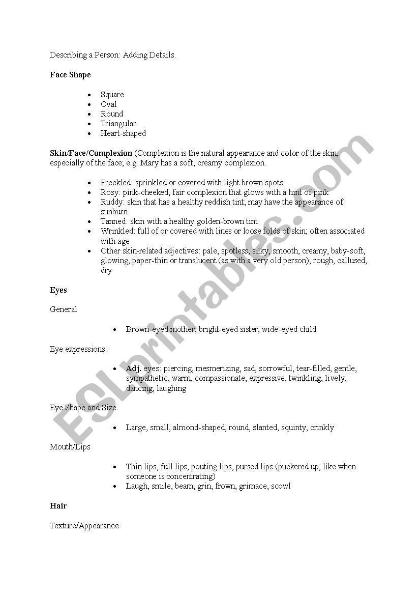 VOCAB SHEET TO DESCRIBE A PERSON
