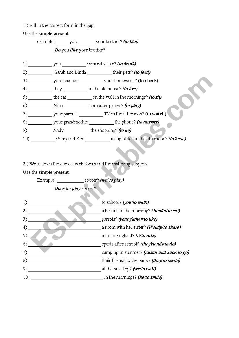 Questions in simple present worksheet
