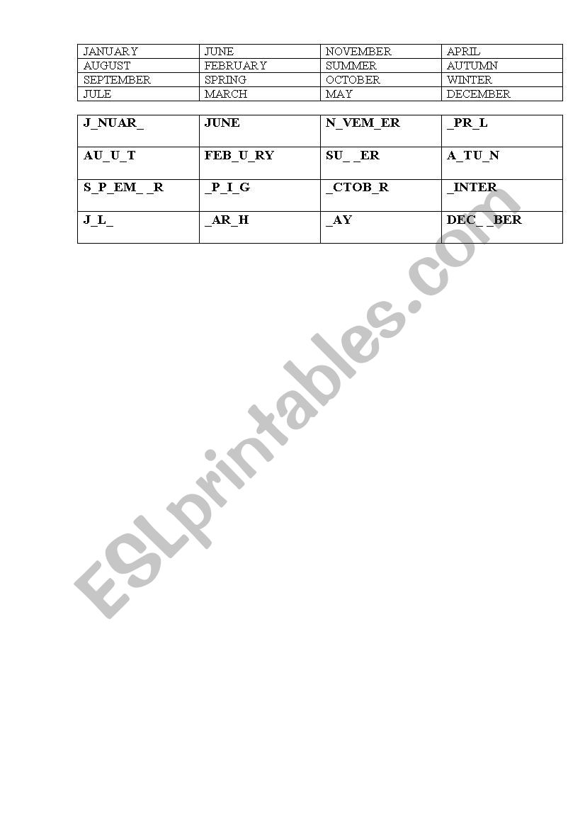 Months of the year worksheet
