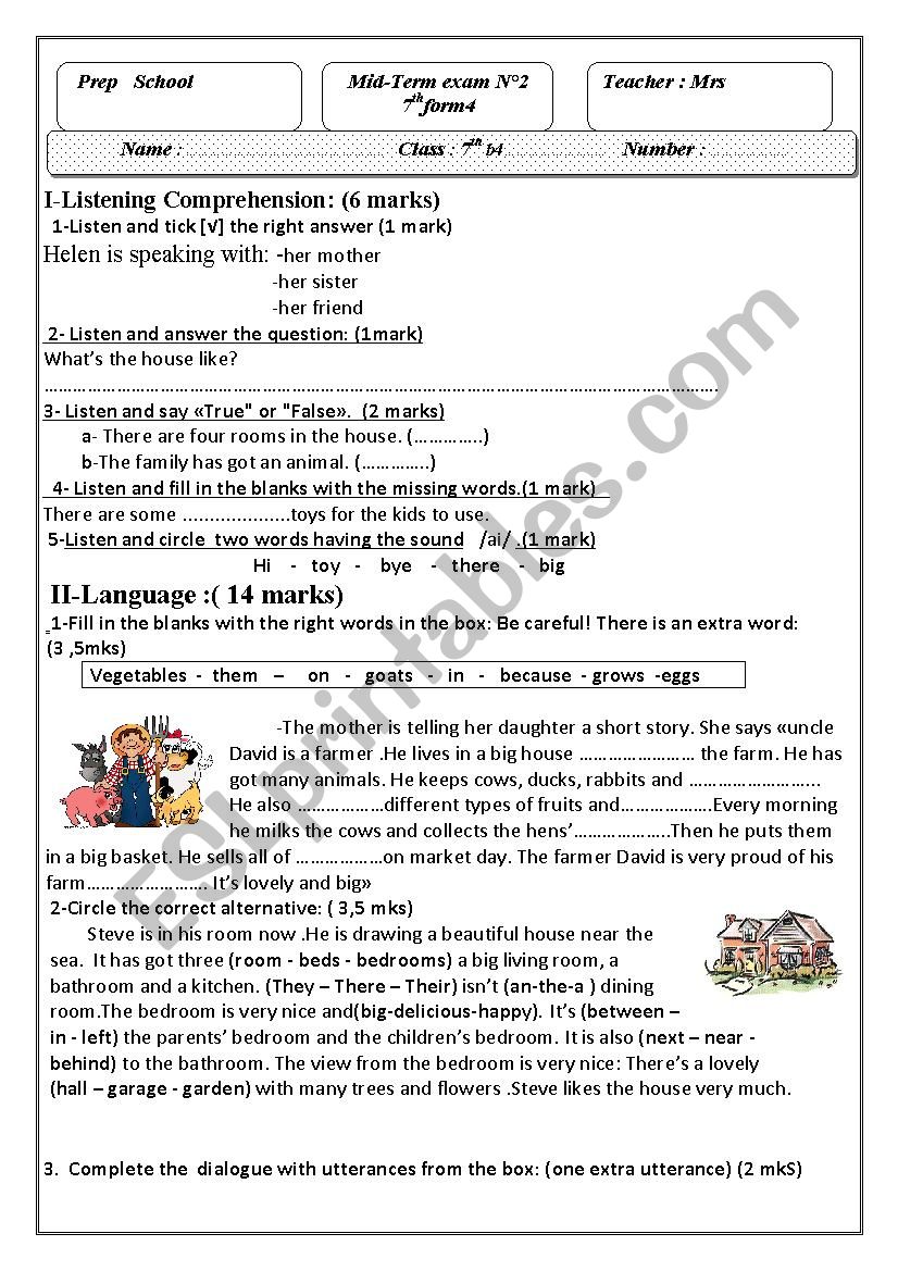 mid -term test nÂ°2 7th form worksheet