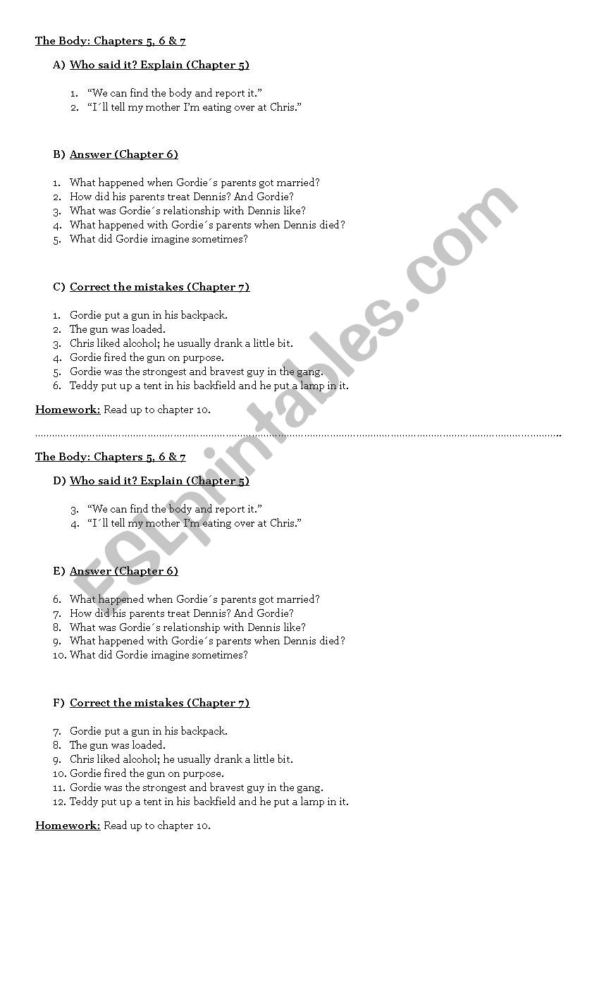 The Body chapters 5, 6 & 7 worksheet