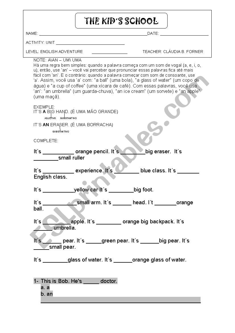 Exercise with A or AN worksheet