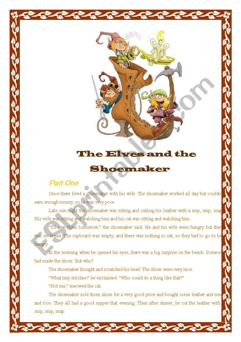 The Elves and the Shoemaker worksheet