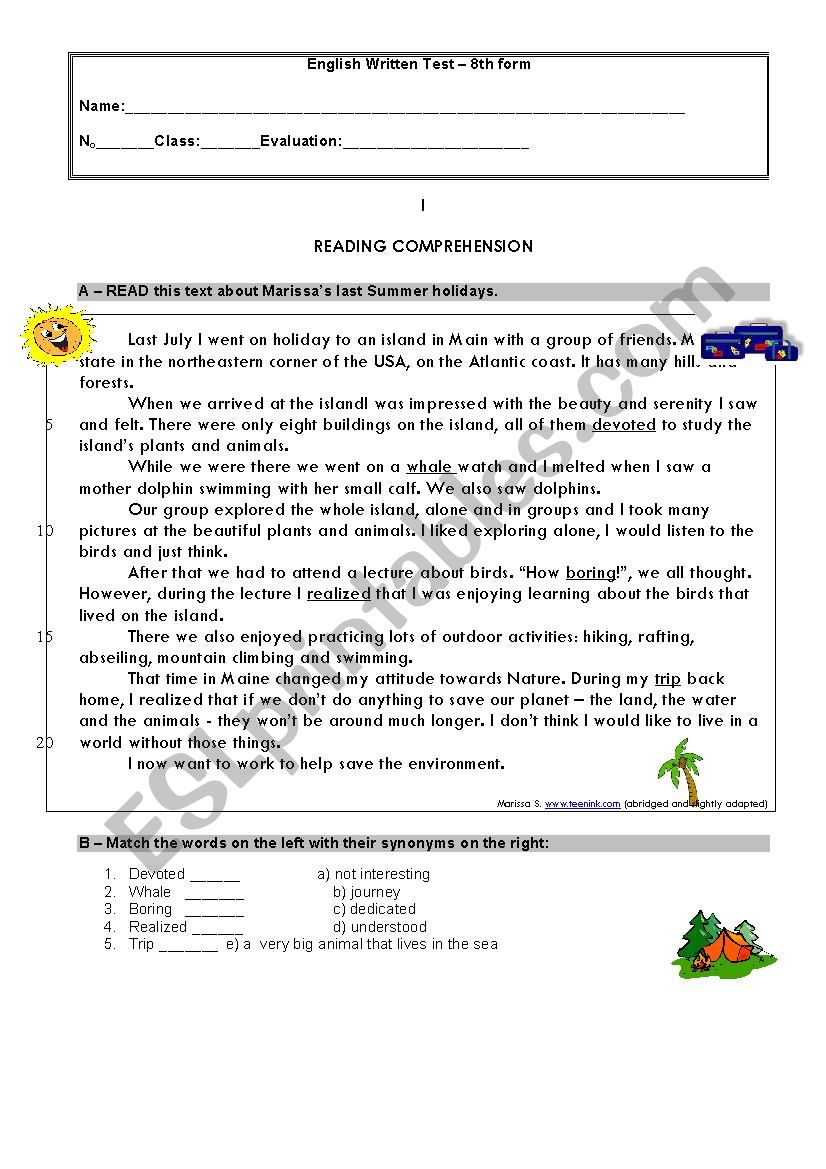 Past Simple test - Holidays worksheet