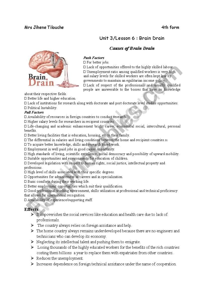 Unit 3/ lesson 6:Brain Drain worksheet