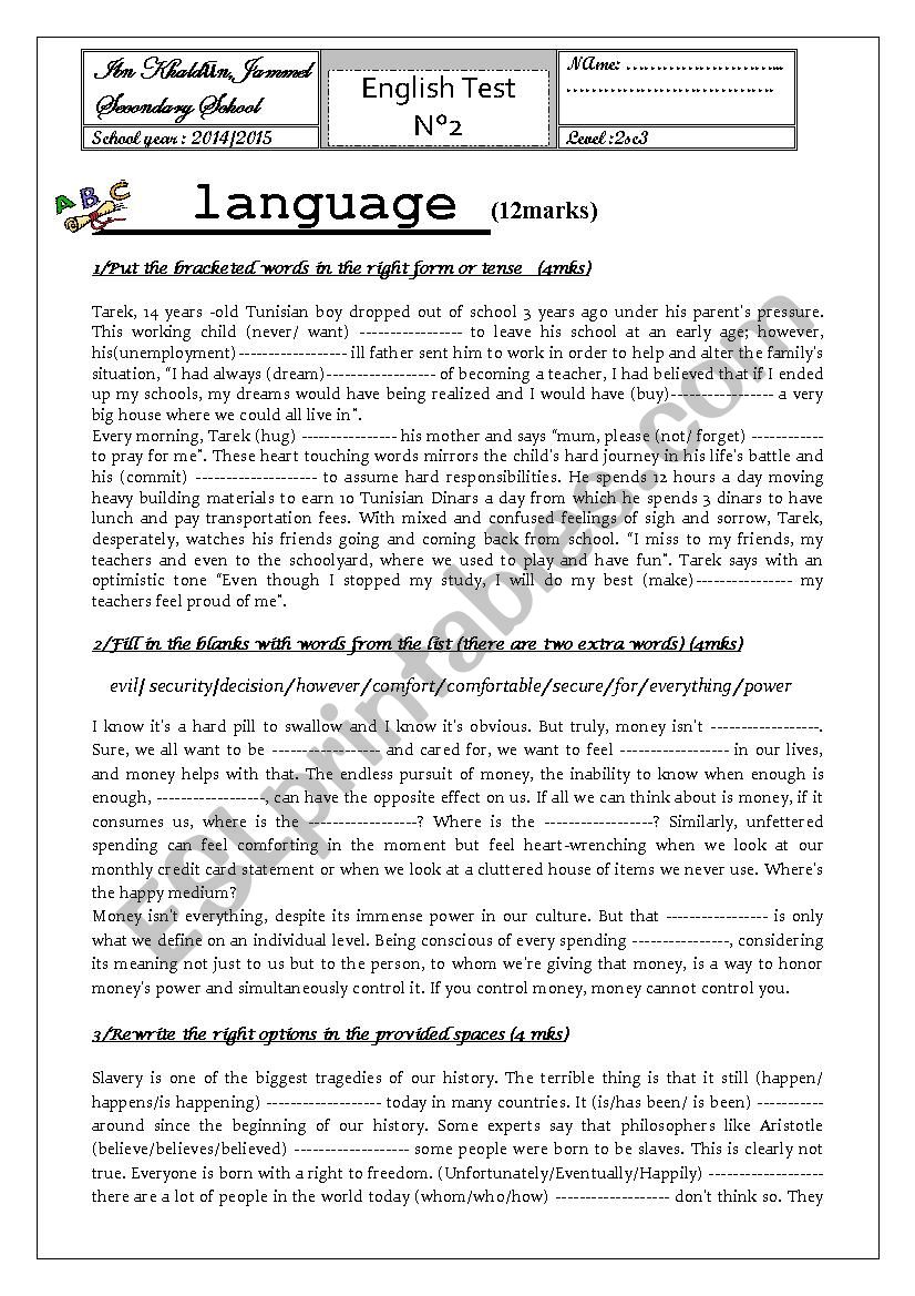 Ordinary english test n2 worksheet