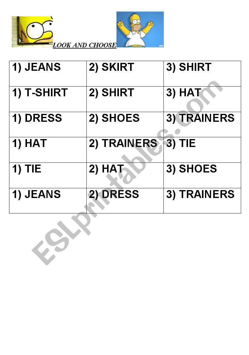clothes and simpsons worksheet