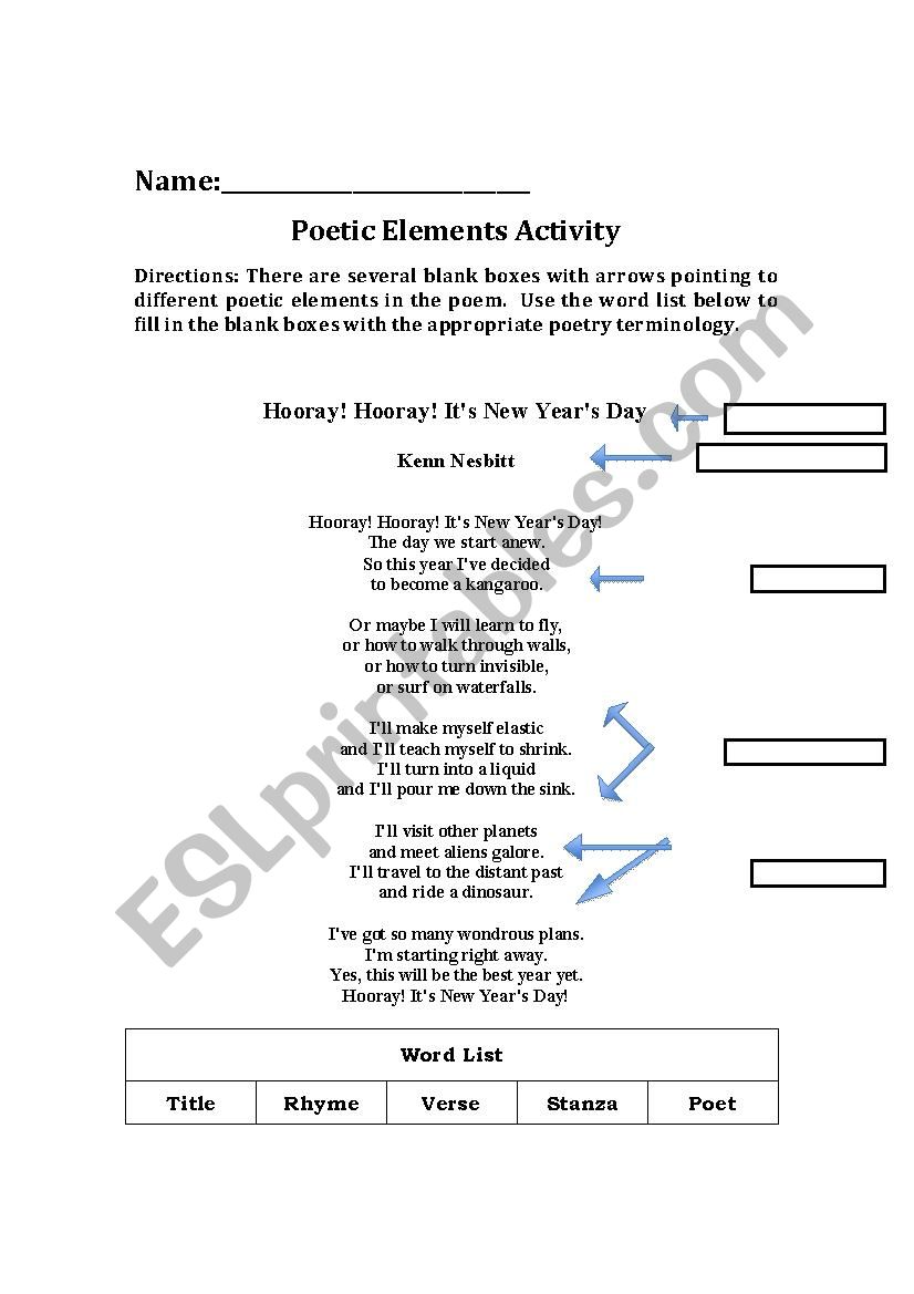 Poetic Elements - ESL worksheet by Fairy25 Within Elements Of Poetry Worksheet