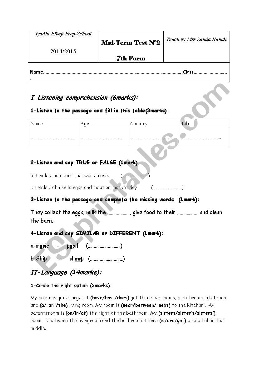 Mid-Term exam worksheet