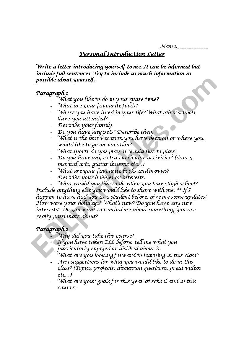 Personal Introduction Letter worksheet
