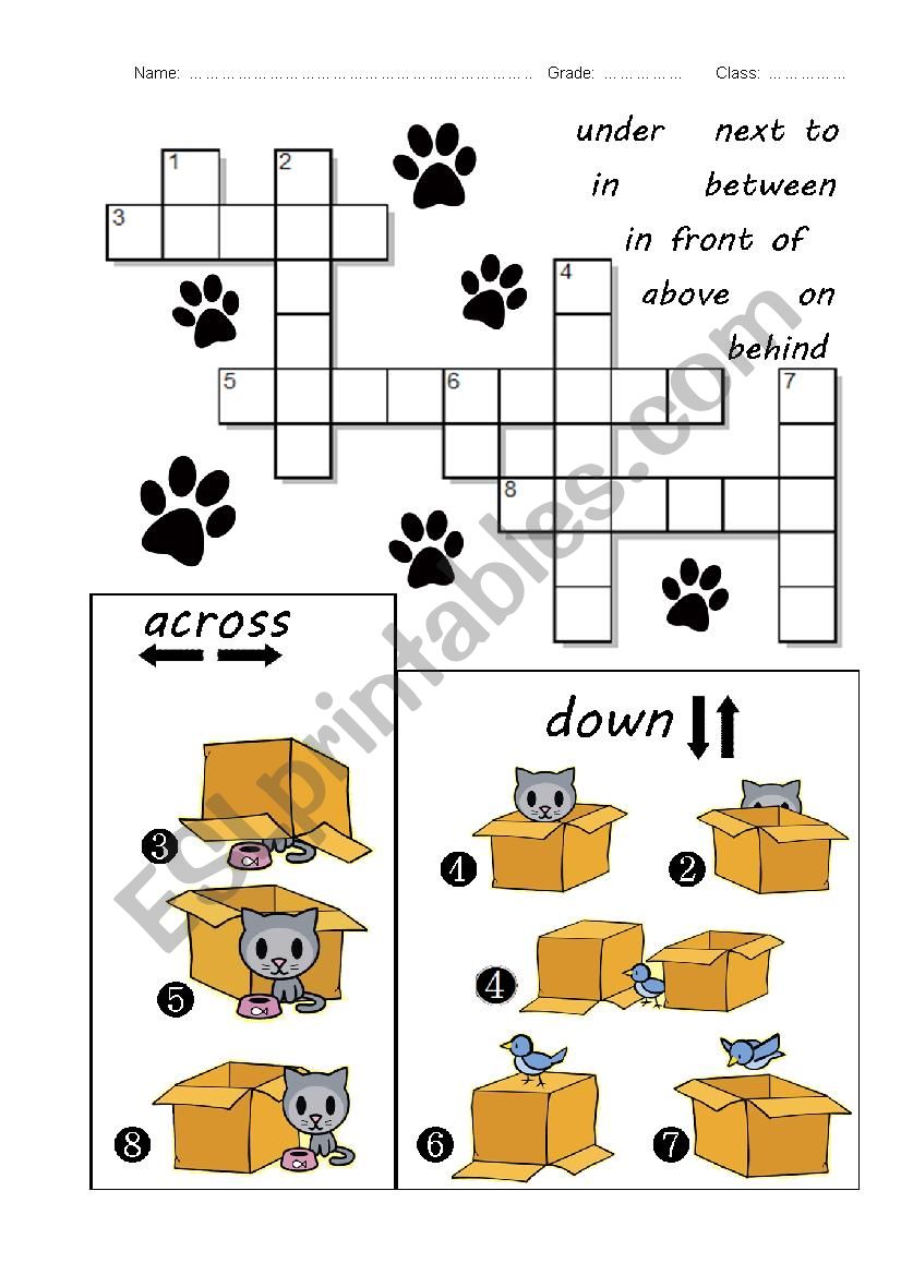 Prepositions Crossword - Cat in the Box