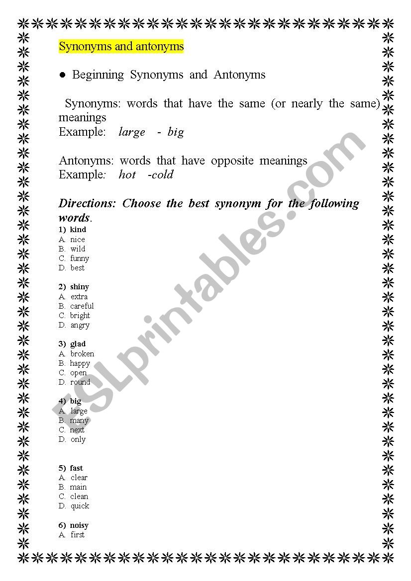 Synonyms and antonyms worksheet