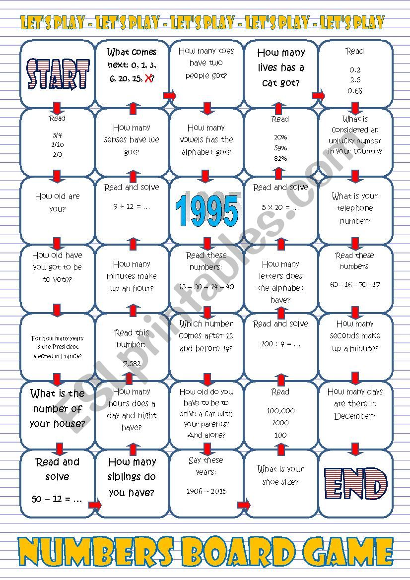 Numbers Board Game worksheet