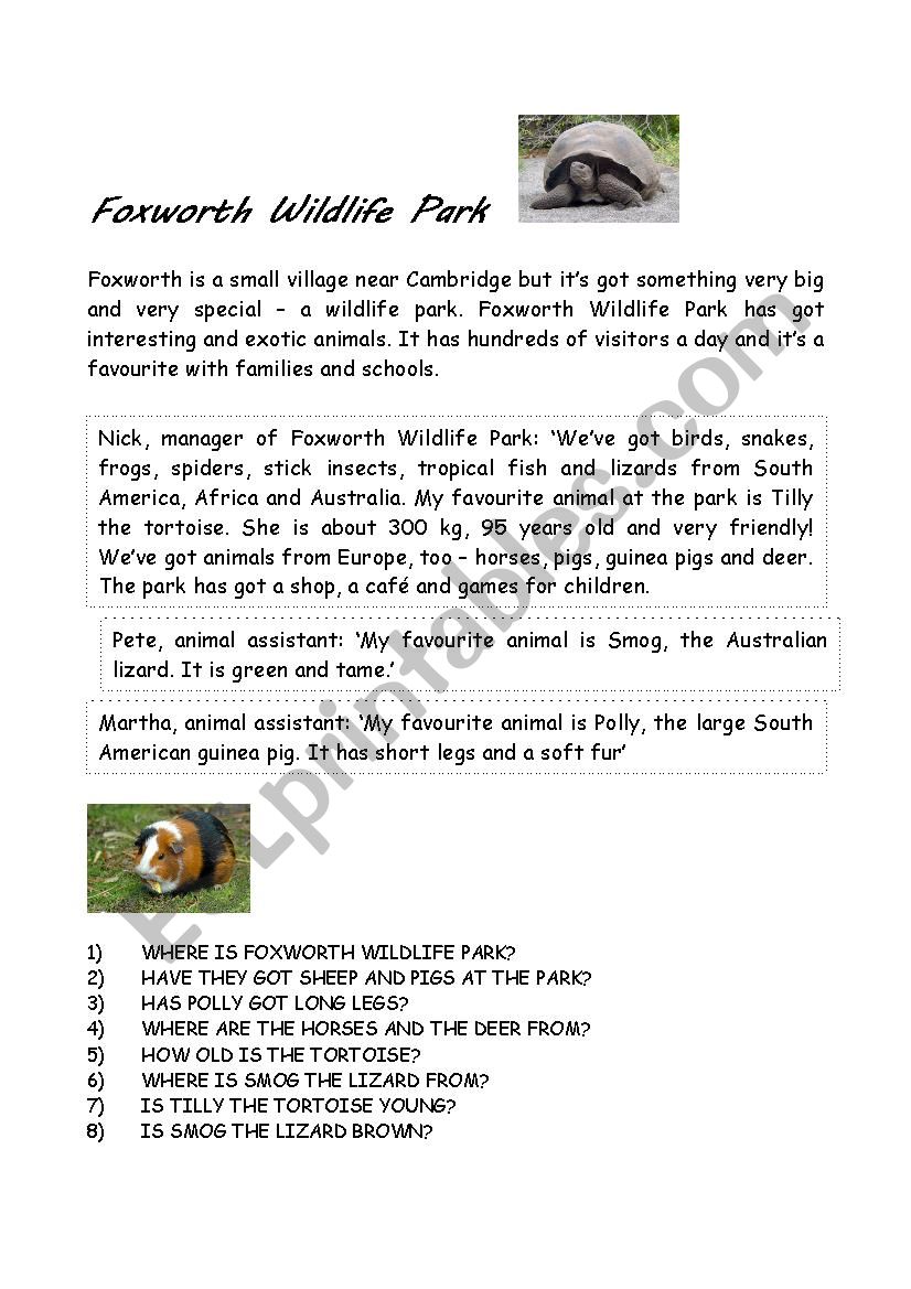 Foxworth Wildlife Park worksheet