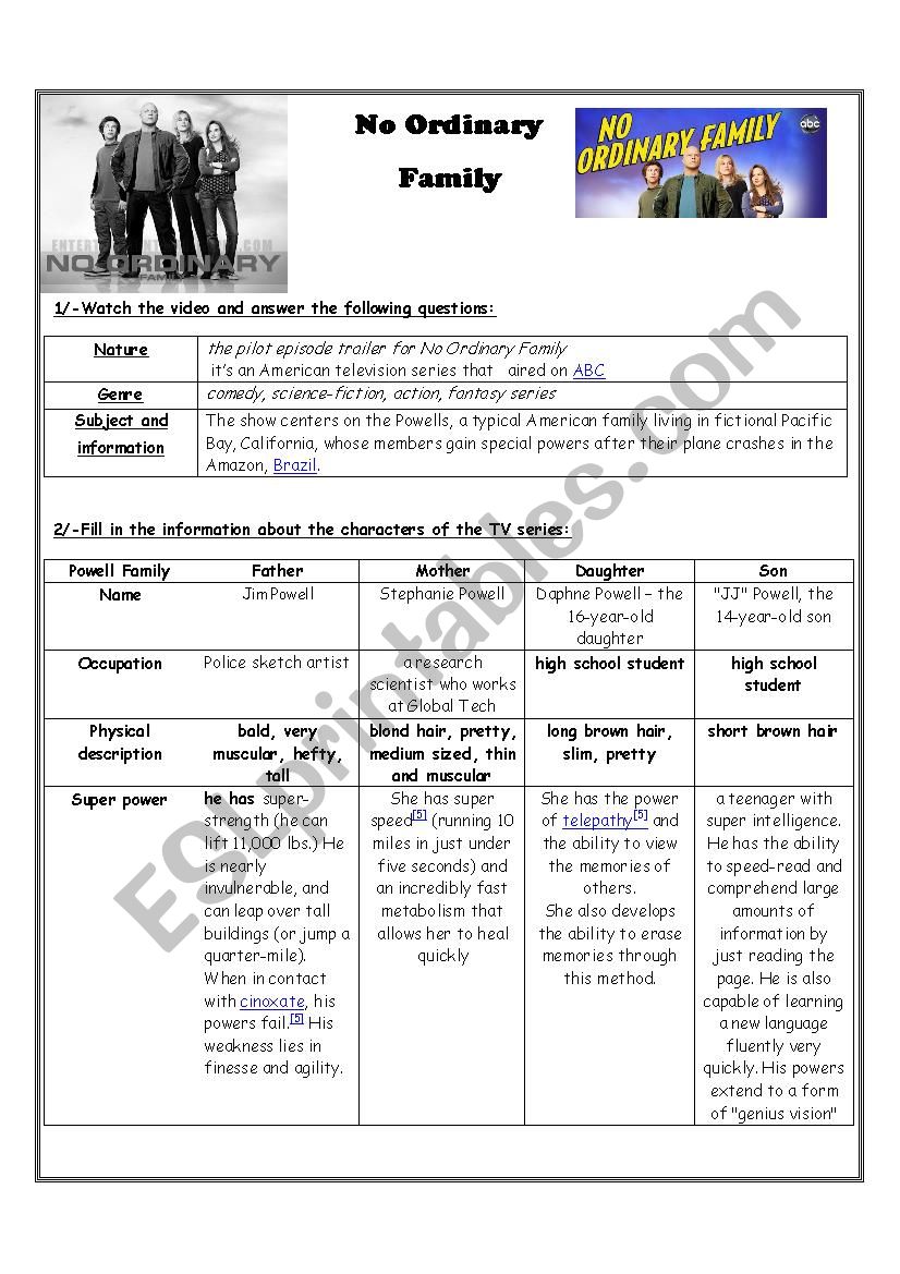 No ordinary family trailer worksheet